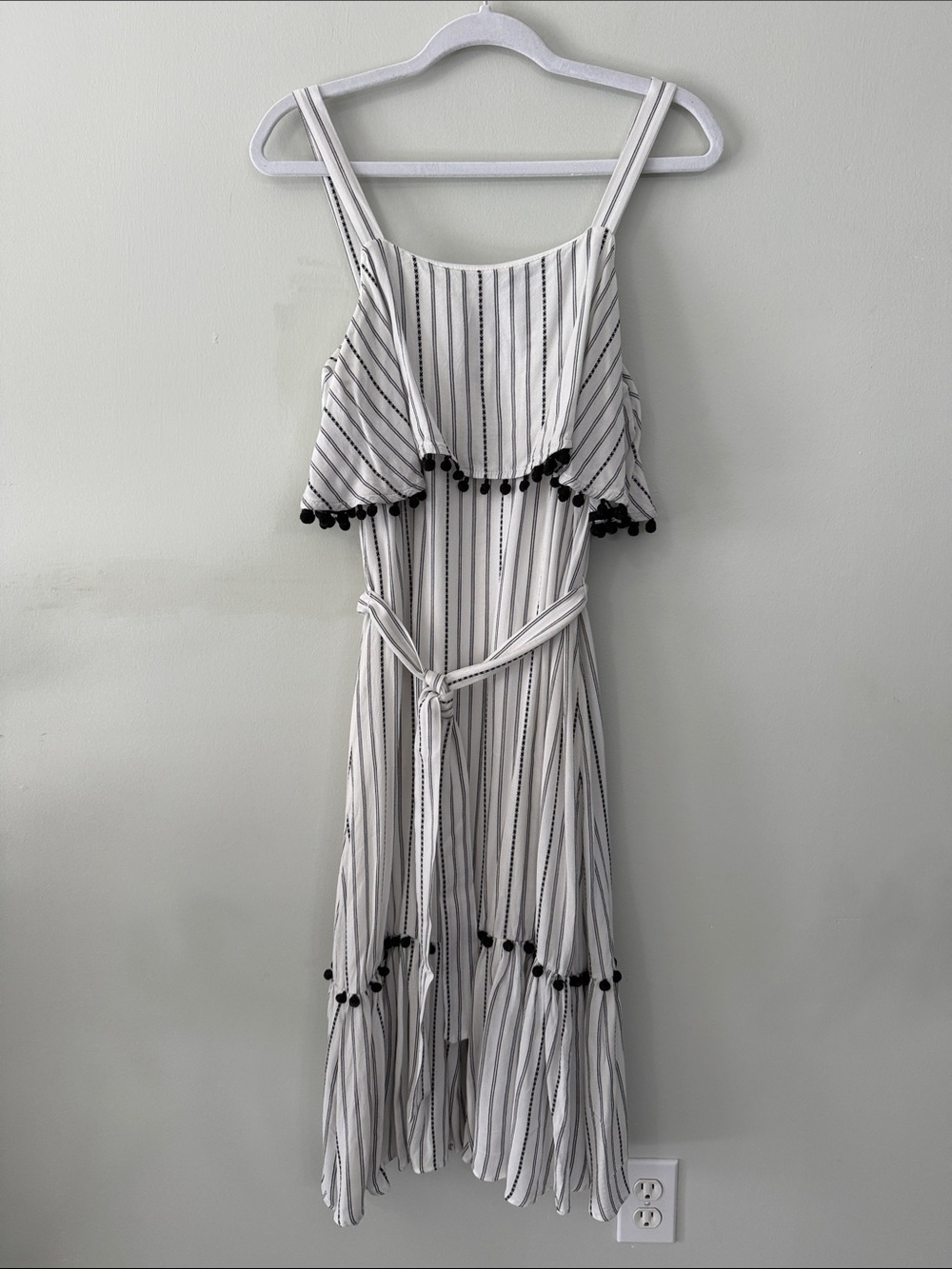 C White Maxi Dress with Black Stripes and Pom-Pom Trim